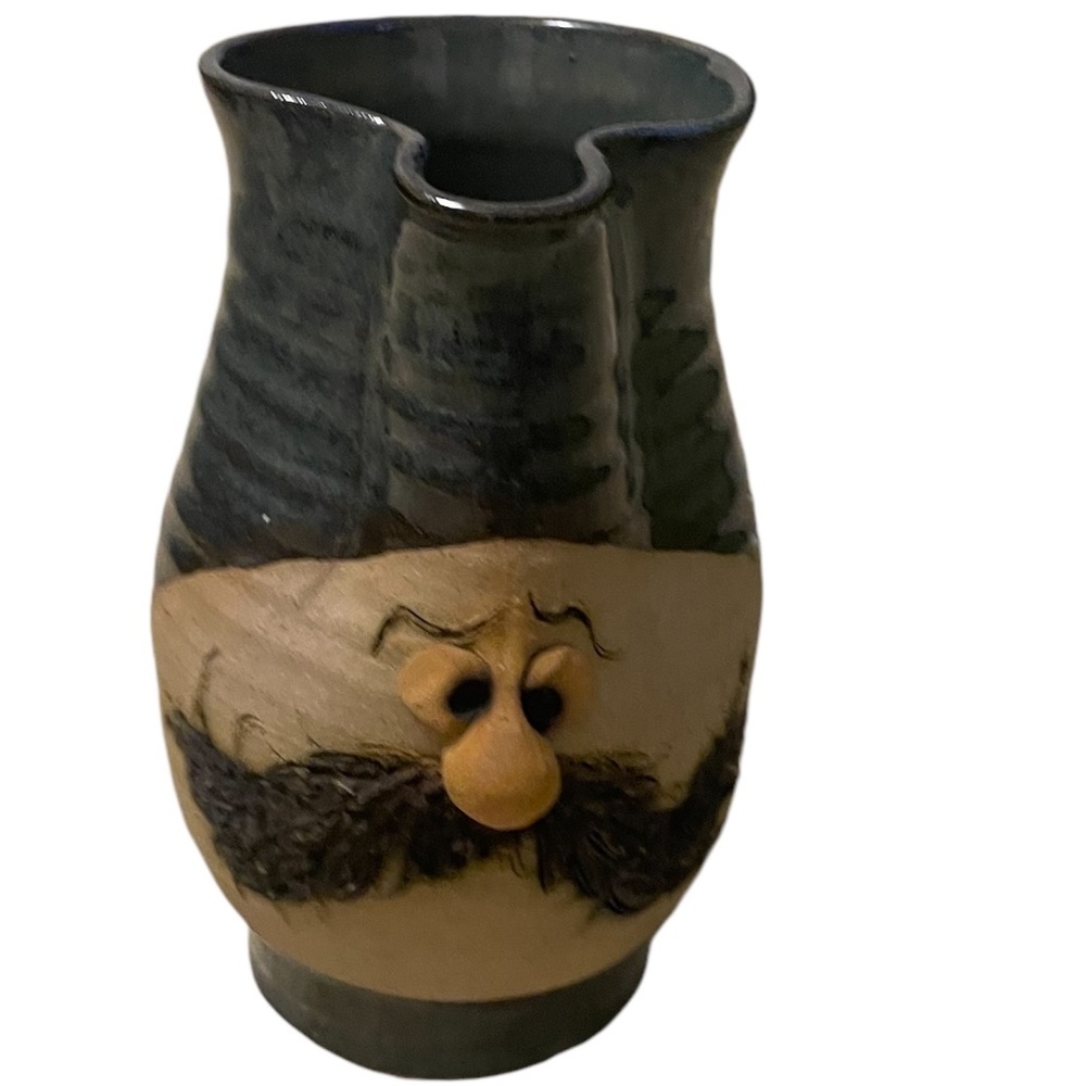 Vintage Signed Peter Petrie Pottery Pitcher 3D Folk Art Hand Ugly Funny Face 80s